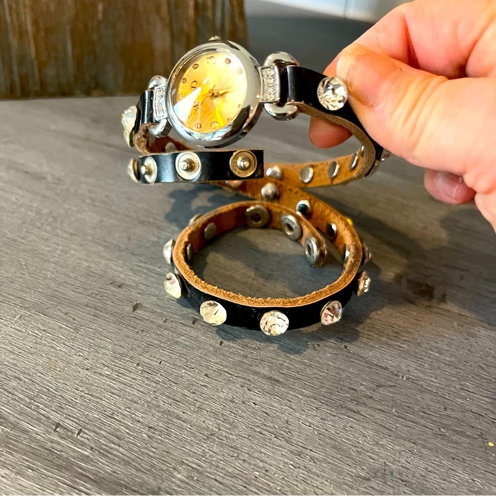 MYD black FAUX LEATHER  rhinestone wrap around watch NEEDS BATTERY